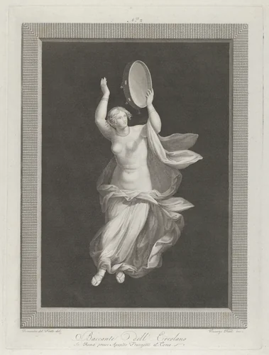 A partly naked bacchante playing a tambourine by Vicenzo Feoli, print, 1790-1825