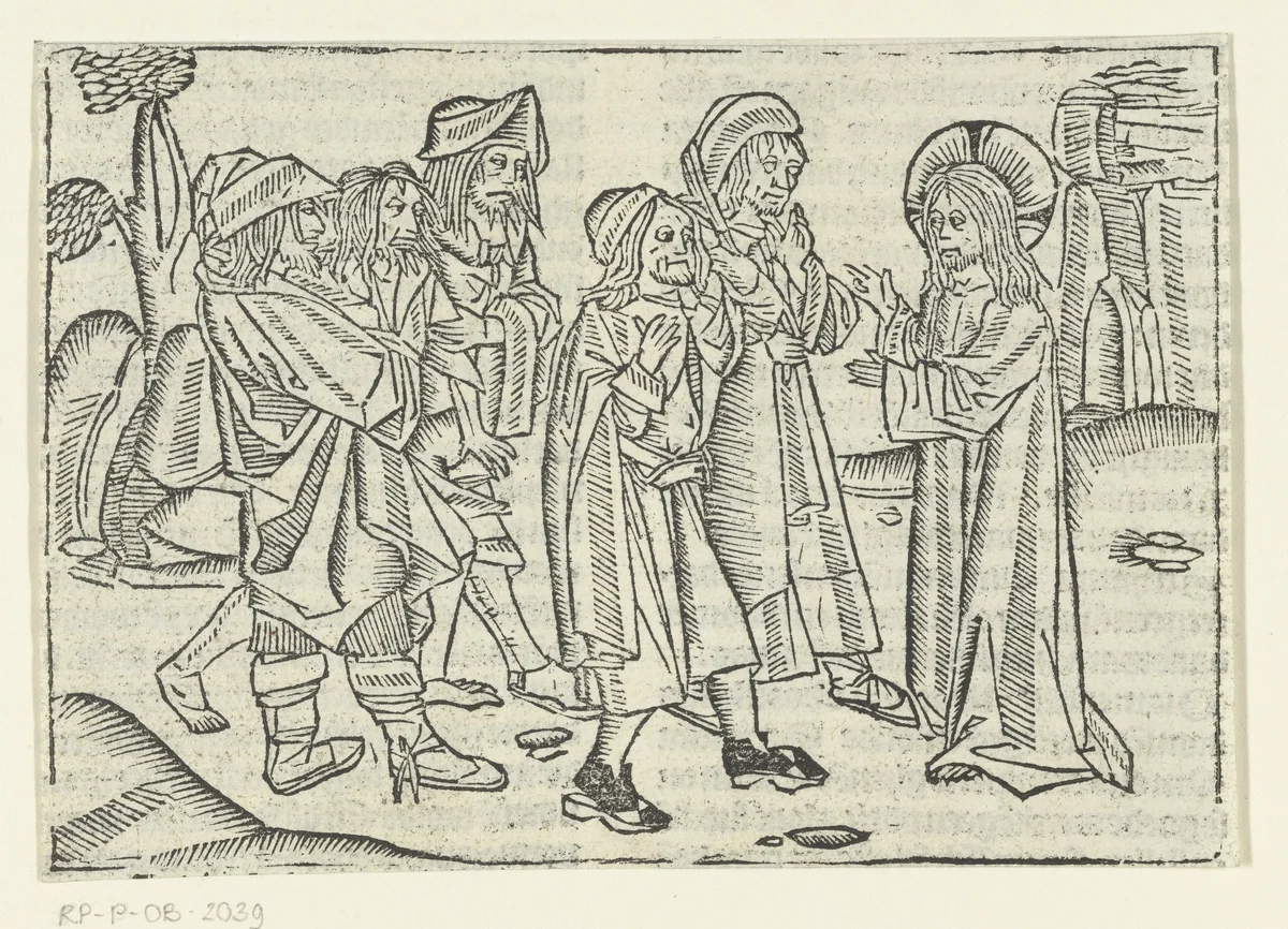 Christus geneest twee blinden en een bezeten man die niet kon spreken by Unknown, print, 1480-1500