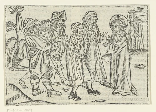 Christus geneest twee blinden en een bezeten man die niet kon spreken by Unknown, print, 1480-1500