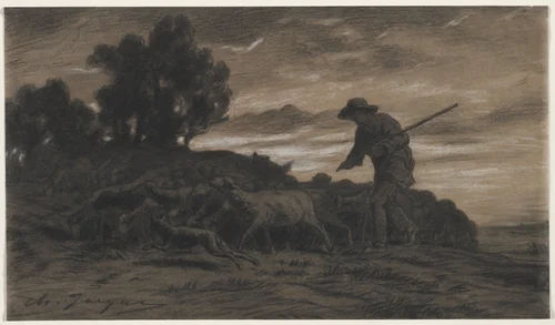 A Shepherd with His Flock by Charles-Émile Jacque, drawing, 1813-1894