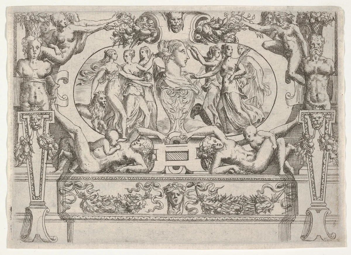 Bust of a woman flanked by three women on each side, set within an elaborate frame by Battista Angolo del Moro, print, 1535-1580