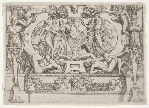 Bust of a woman flanked by three women on each side, set within an elaborate frame by Battista Angolo del Moro, print, 1535-1580