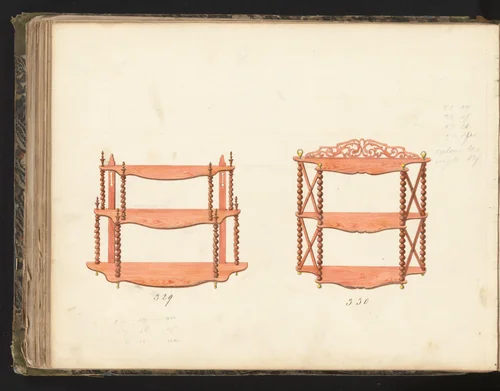 Twee ontwerpen voor wandmeubelen by anonymous, drawing, 1825-1839
