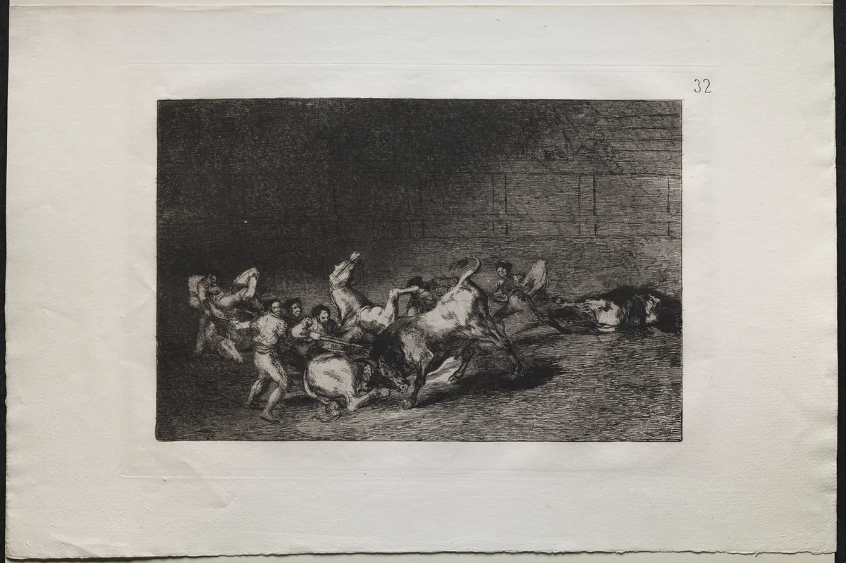 Bullfights: Two Teams of Picadors Thrown One After the Other by a Single Bull by Francisco de Goya, print, 1816-1876
