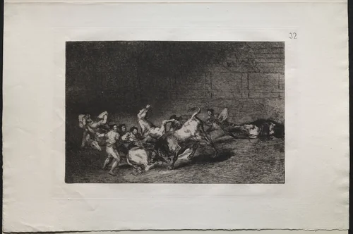 Bullfights: Two Teams of Picadors Thrown One After the Other by a Single Bull by Francisco de Goya, print, 1816-1876