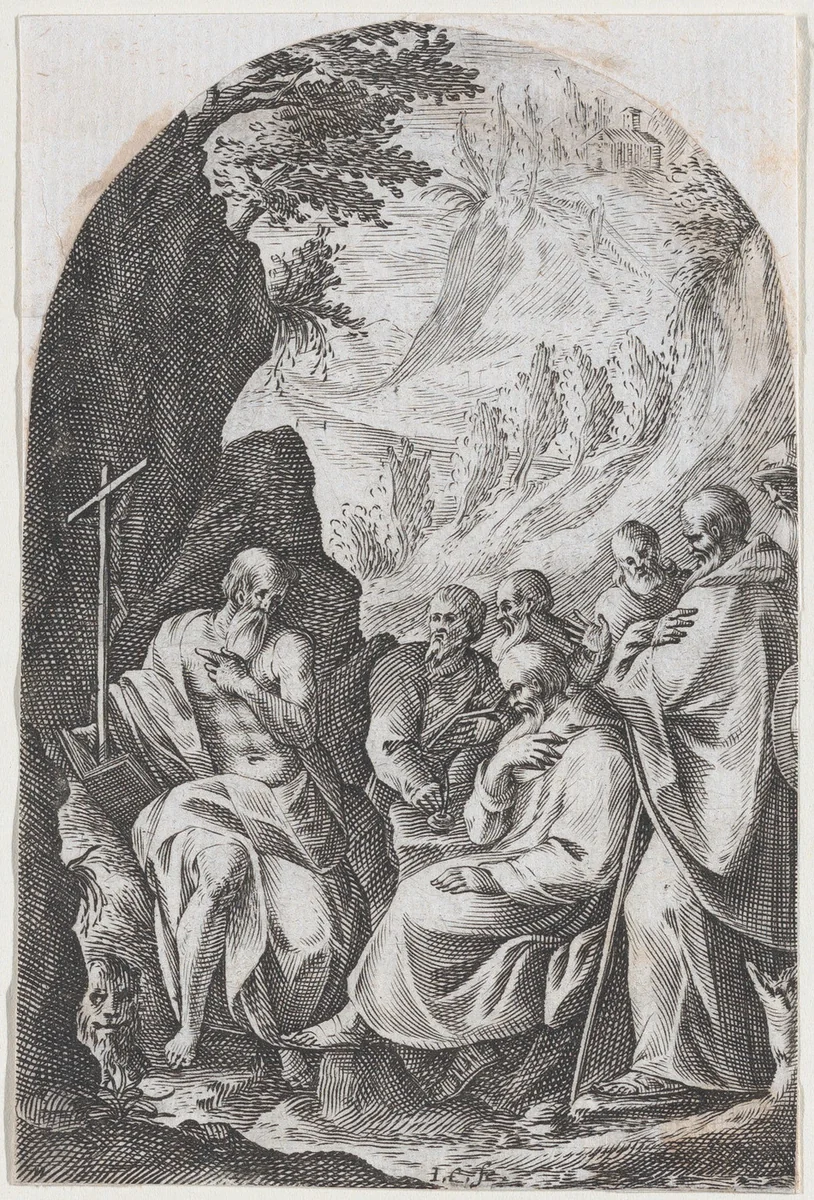 St. Jerome Instructing his Disciples in the Desert, plate 11 from "Les Tableaux de Rome, Les Eglises Jubilaires" (The Paintings of Rome, The Churches Jubilee) by Jacques Callot, print, 1607-1611
