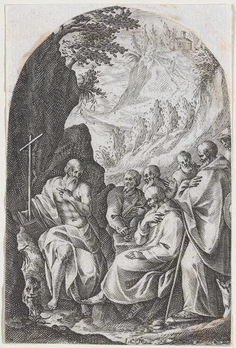 St. Jerome Instructing his Disciples in the Desert, plate 11 from "Les Tableaux de Rome, Les Eglises Jubilaires" (The Paintings of Rome, The Churches Jubilee) by Jacques Callot, print, 1607-1611