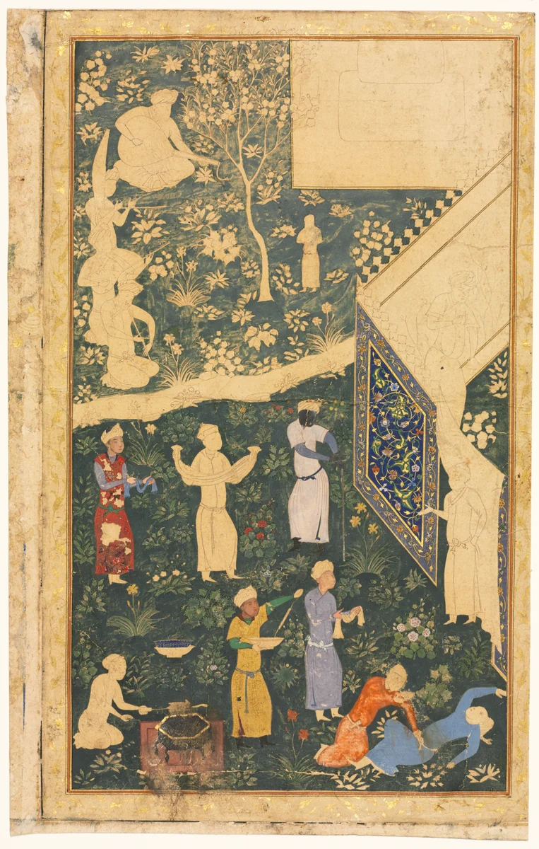 Left side of a double-page album folio: Outside a Royal Encampment (recto) by Bihzad, manuscript, 1480-1490