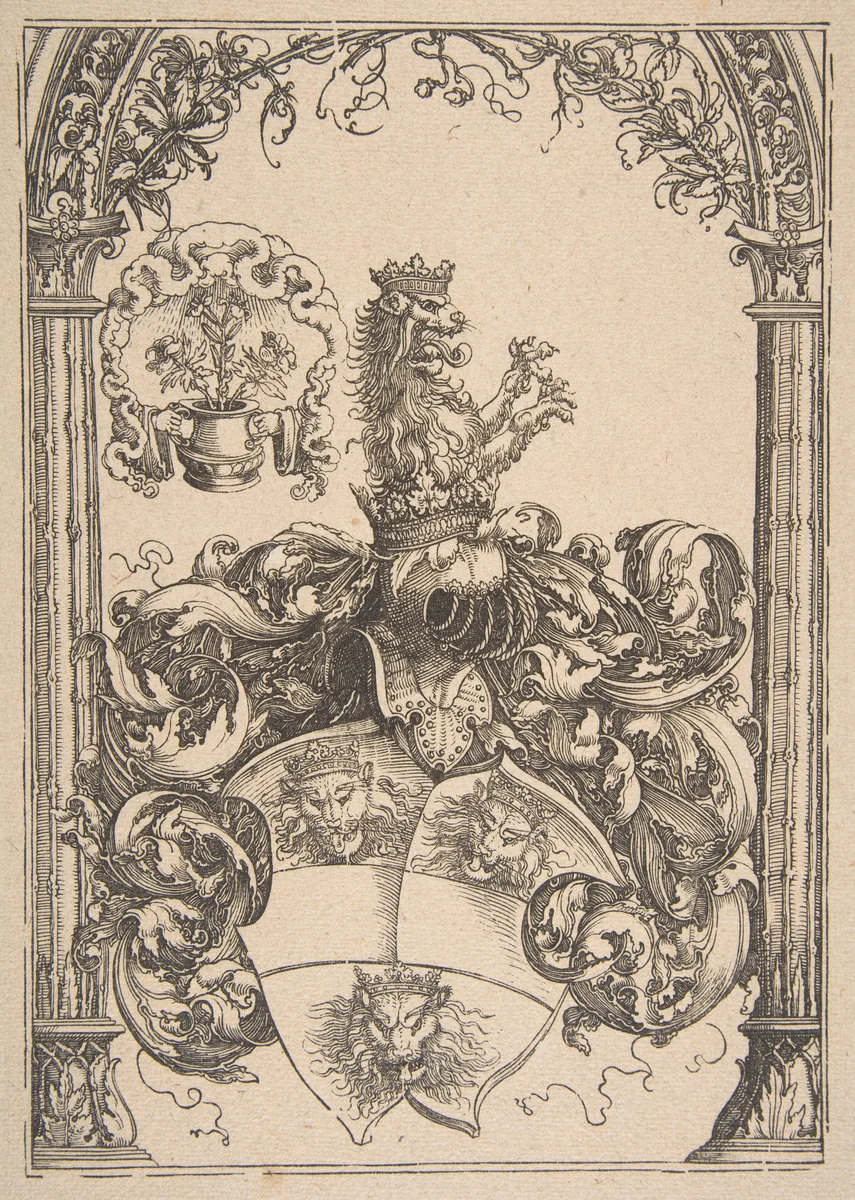 Coat of arms with Three Lions' Heads by Albrecht Dürer, print, 1485-1528