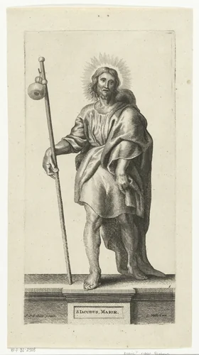 Heilige Jakobus de Meerdere als pelgrim by anonymous, print, 1596-1723