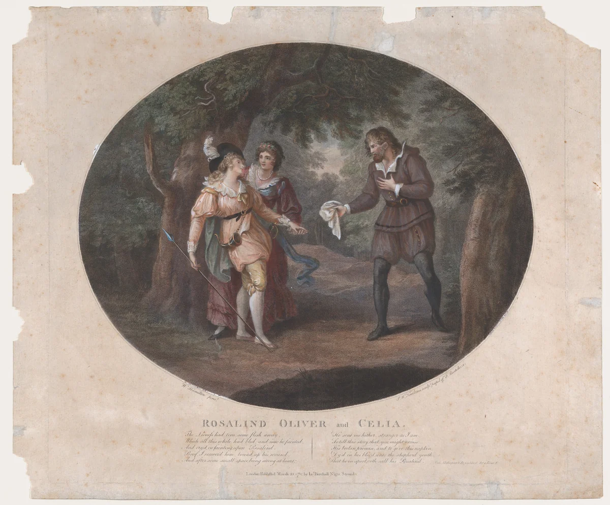 Rosalind, Oliver and Celia (Shakespeare, As You Like It, Act 4, Scene 6) by Peltro William Tomkins, print, 1791