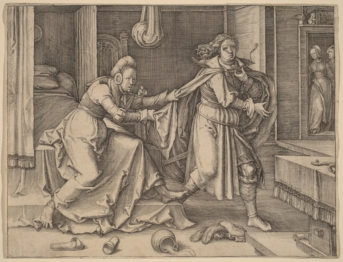 Joseph Escaping Potiphar's Wife by Lucas van Leyden, print, 1512