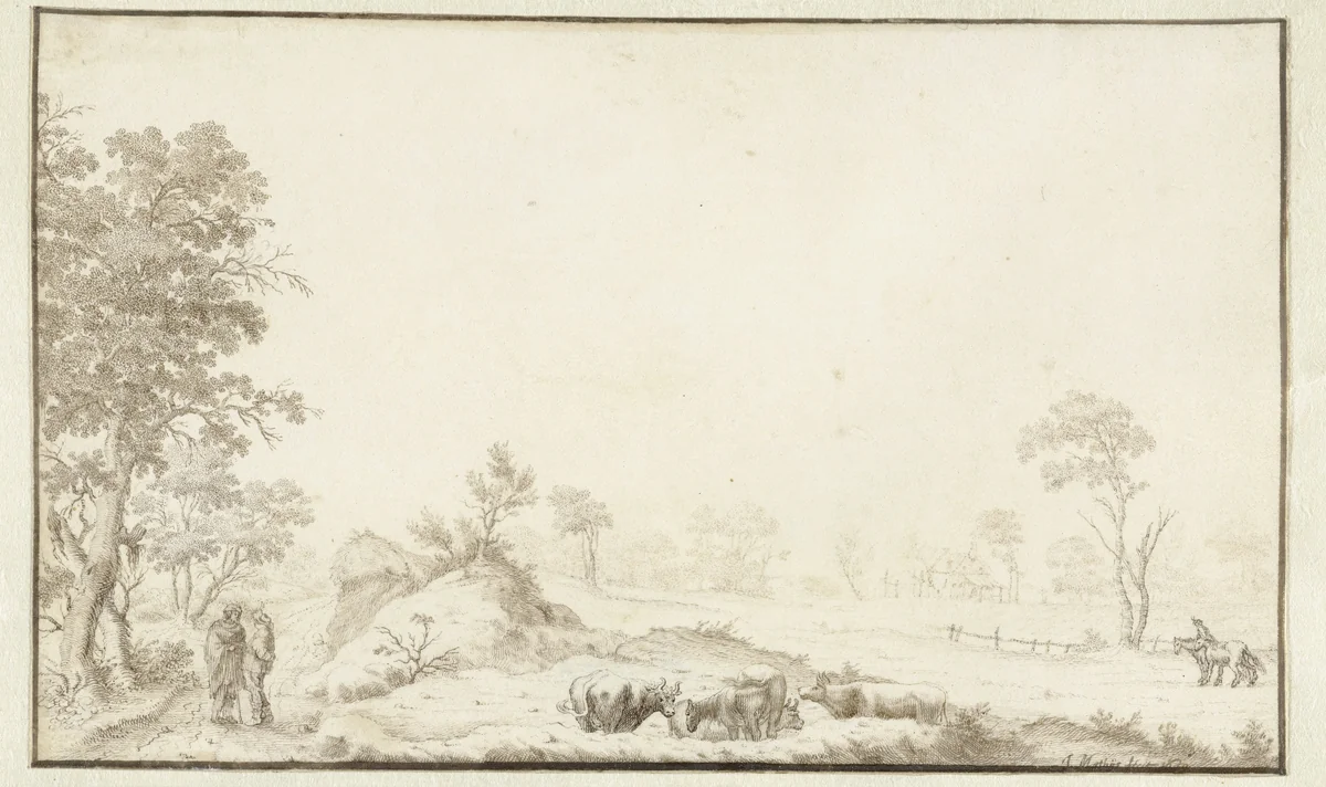 Landschap met koeien en wandelaars by Jan Matthysz., drawing, 1649
