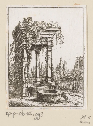 Twee waterputten voor de ruïne van een portico by Johann Franz Ermels, print, 1651-1693