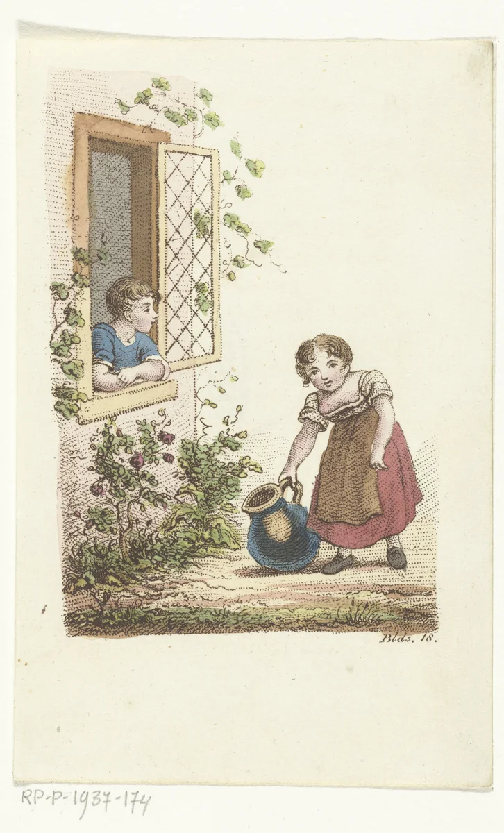 Maria draagt kan en ander kind hangt uit raam by Johannes Best, print, 1807-1823