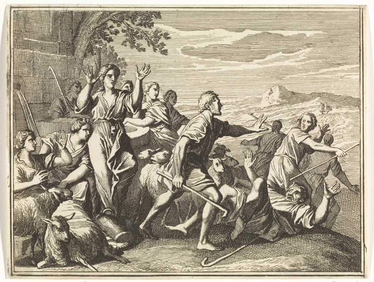 Mozes en de dochters van Reüel bij de put by Caspar Luyken, print, 1712