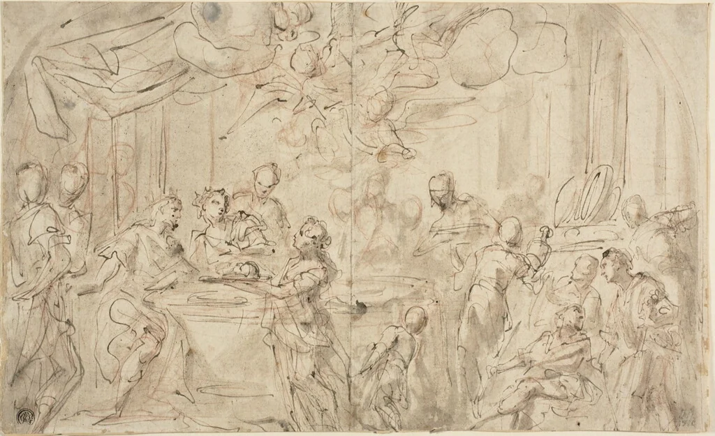 Salome with the Head of Saint John the Baptist Before Herod by Giovanni Antonio Pellegrini, drawing, 1695-1741