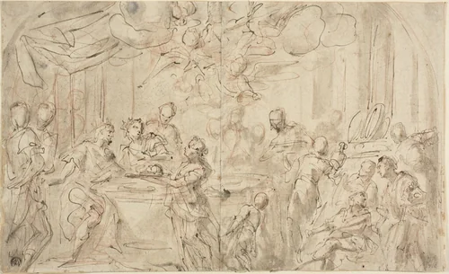 Salome with the Head of Saint John the Baptist Before Herod by Giovanni Antonio Pellegrini, drawing, 1695-1741