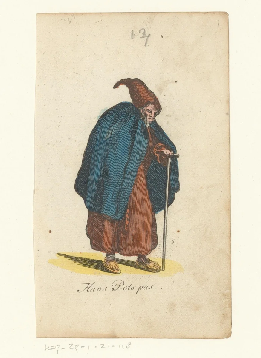 Oude man met punt muts en wandelstok by anonymous, print, 1821-1829