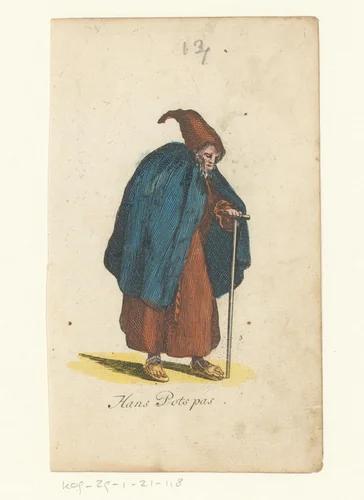 Oude man met punt muts en wandelstok by anonymous, print, 1821-1829