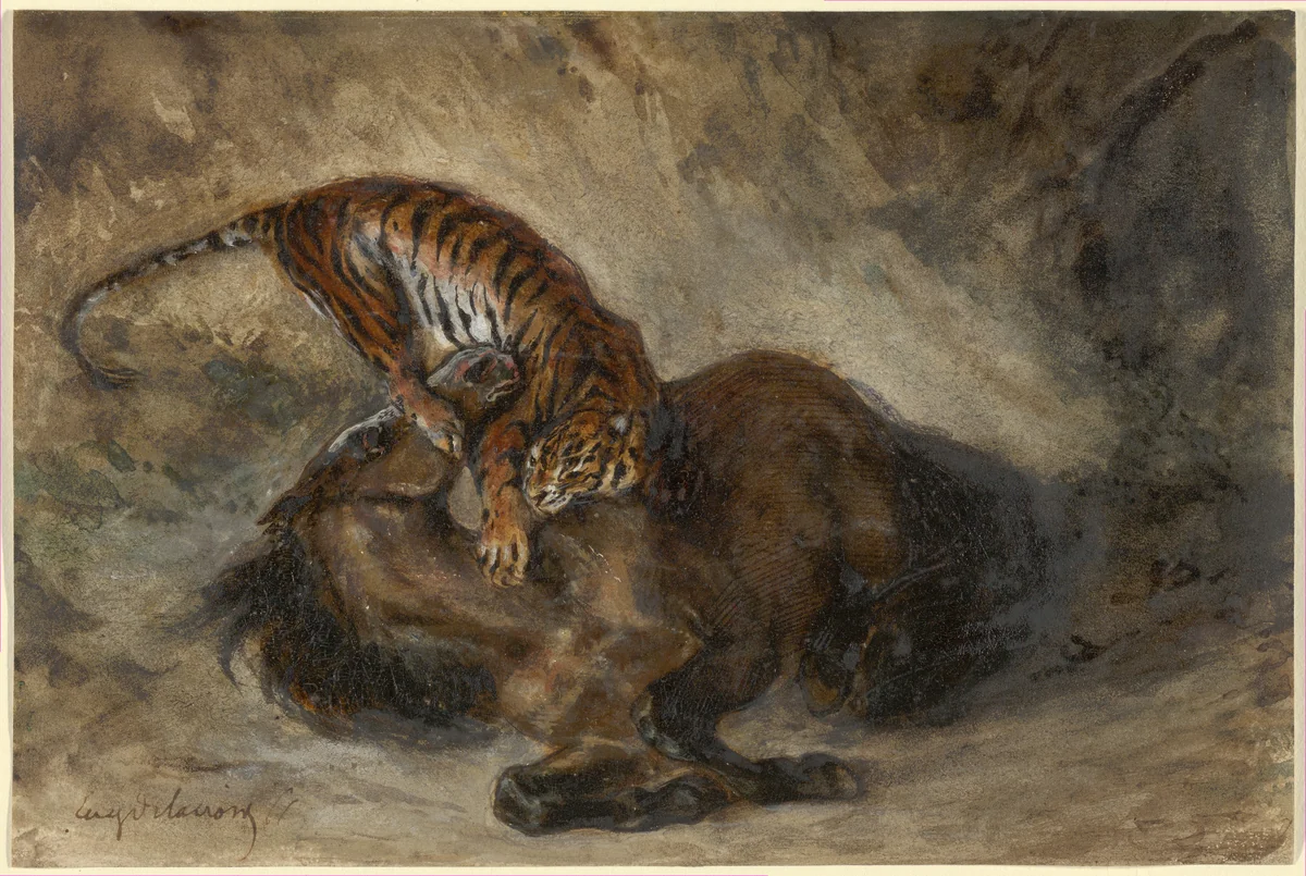 Wild Horse Felled by a Tiger by Eugène Delacroix, drawing, 1828