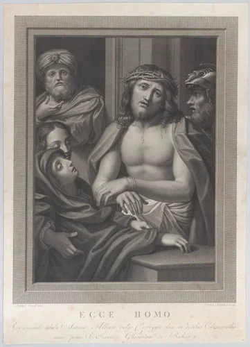 Ecce Homo, with Pontius Pilate behind him at left, the Virgin fainting at lower left, and a soldier at right by Pietro Antonio Leone Bettelini, print, 1783-1812