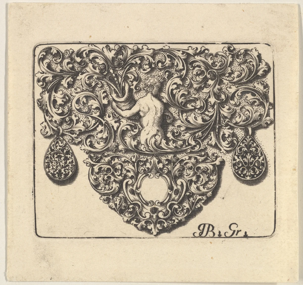 Goldsmiths Ornament with a Young Man Holding a Cornucopia by Giovani Battista Grondoni, print, 1709
