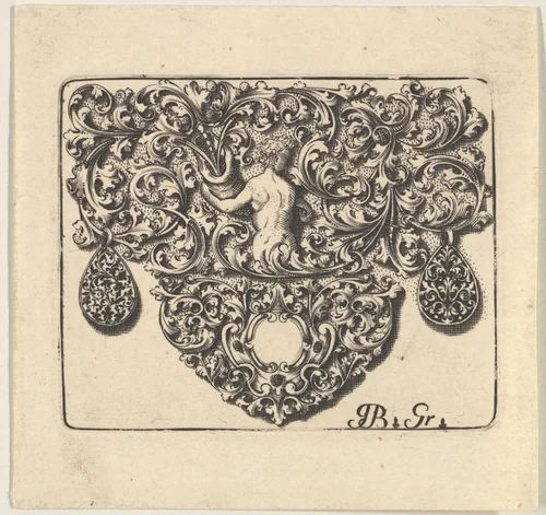 Goldsmiths Ornament with a Young Man Holding a Cornucopia by Giovani Battista Grondoni, print, 1709