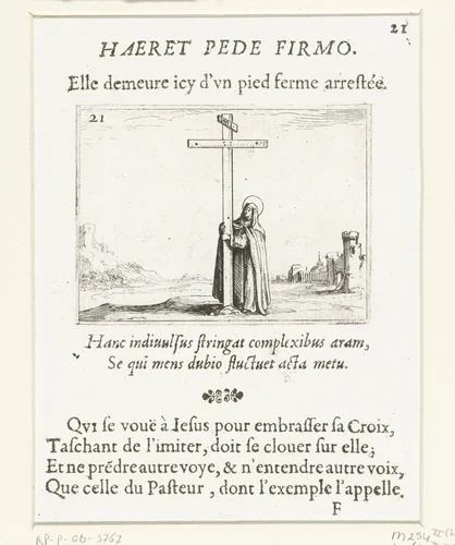 Vrouwelijke heilige bij het kruis by Jacques Callot, print, 1621-1635