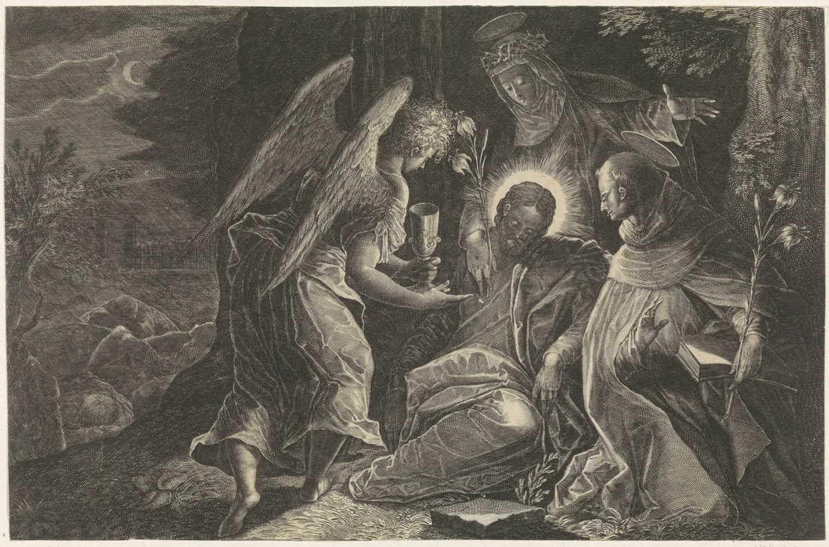 Christus wordt in Getsemane getroost door een engel, de Heilige Dominicus en de Heilige Catharina van Sienna by Raphaël Sadeler, print, 1596-1632