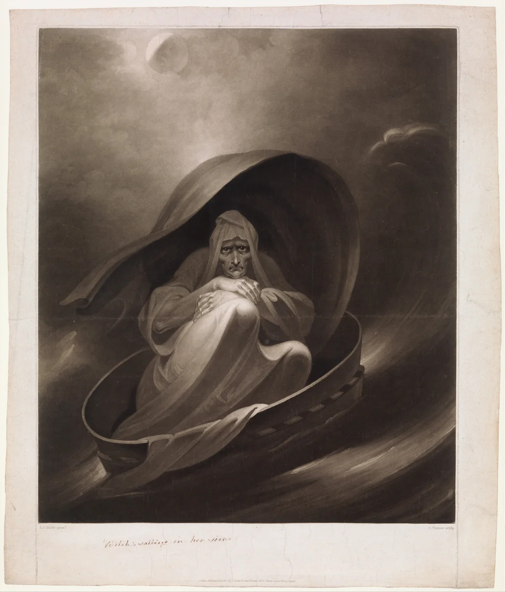 A Witch Sailing to Aleppo in a Sieve by Charles Turner, print, 1807