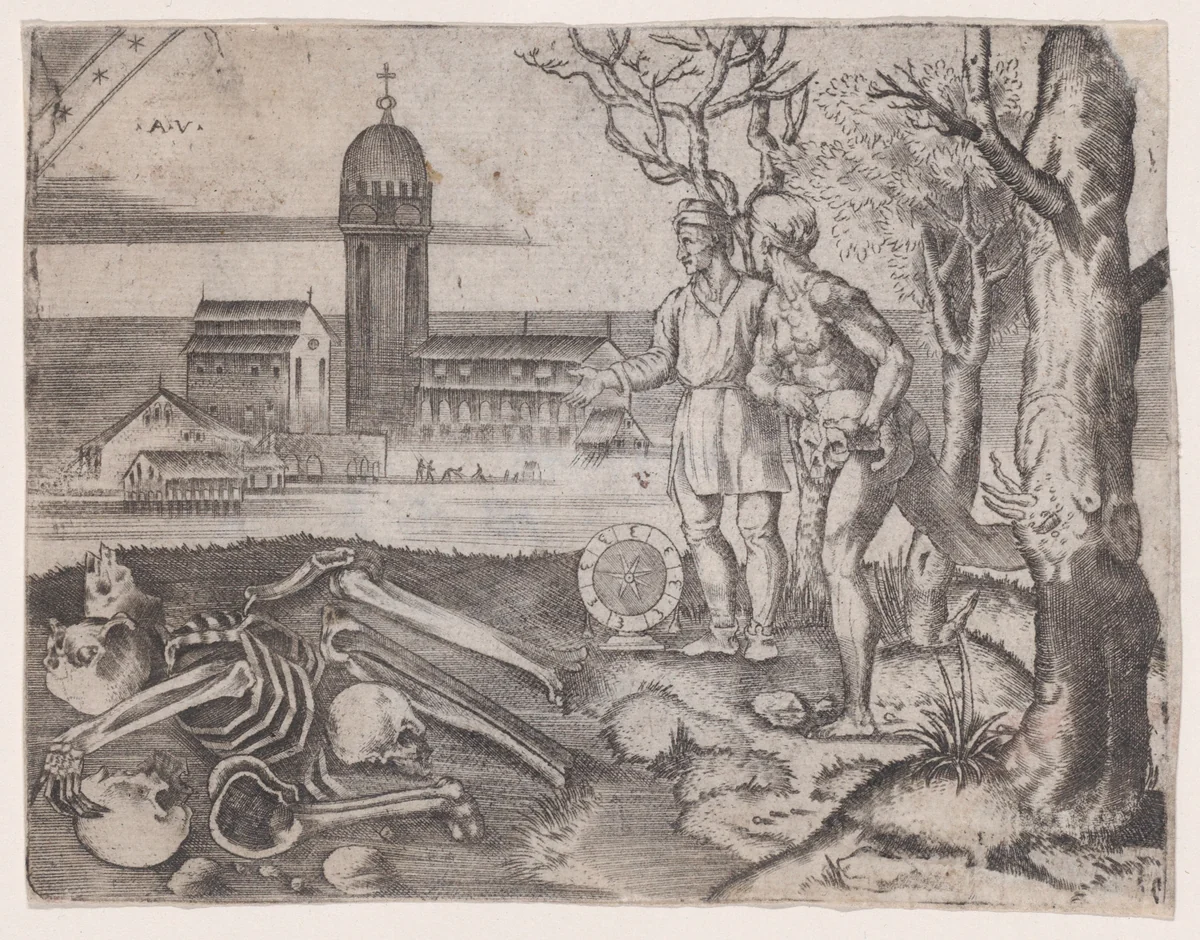 Two Men at a Cemetery by Agostino Veneziano, print, 1514-1536