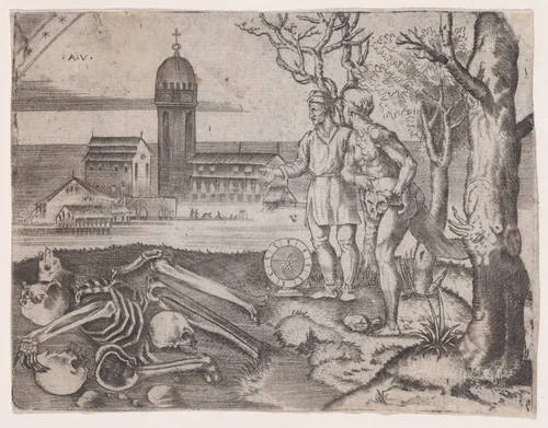 Two Men at a Cemetery by Agostino Veneziano, print, 1514-1536