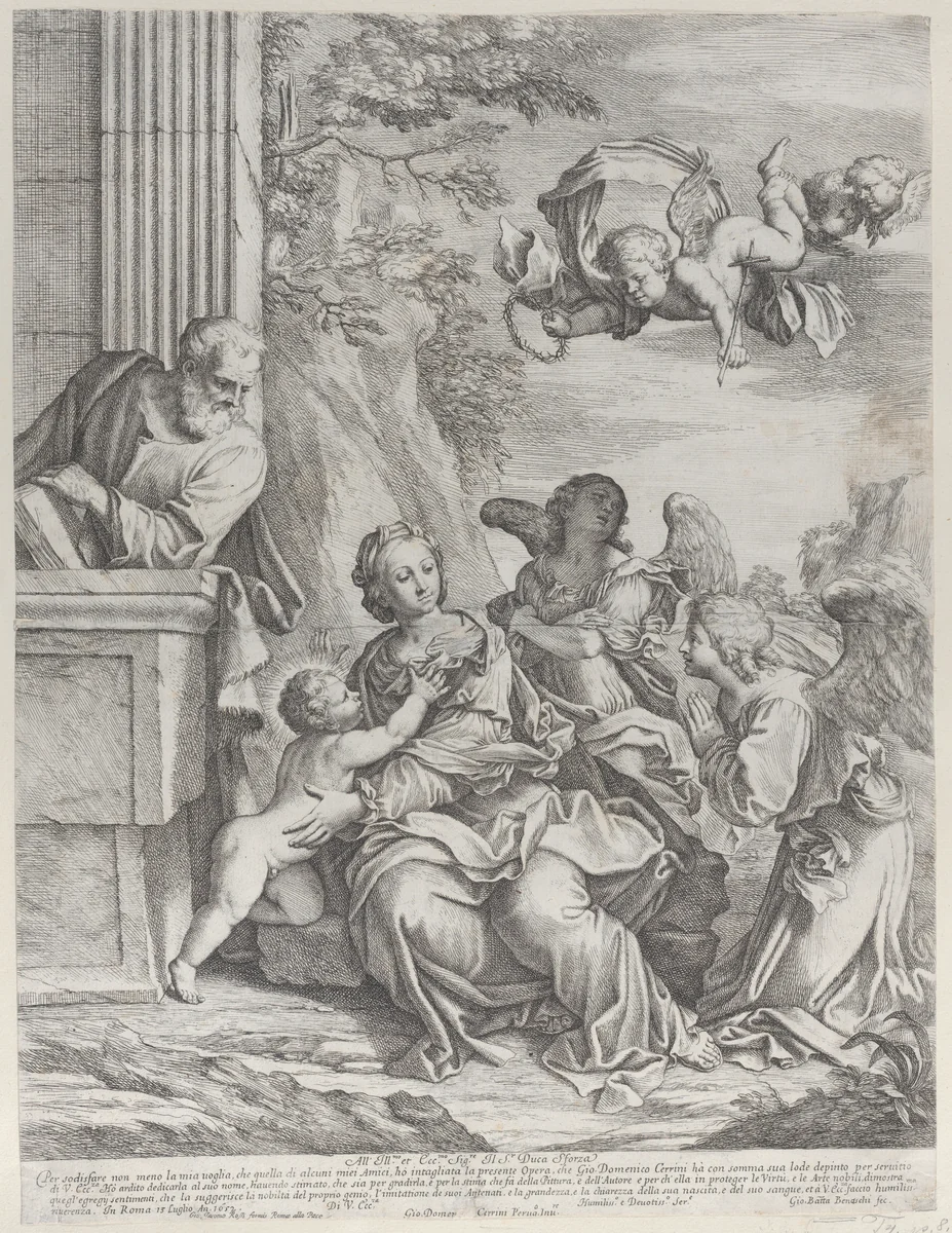 The Holy Family with angels at right and overhead by Giovanni Battista Beinaschi, print, 1652