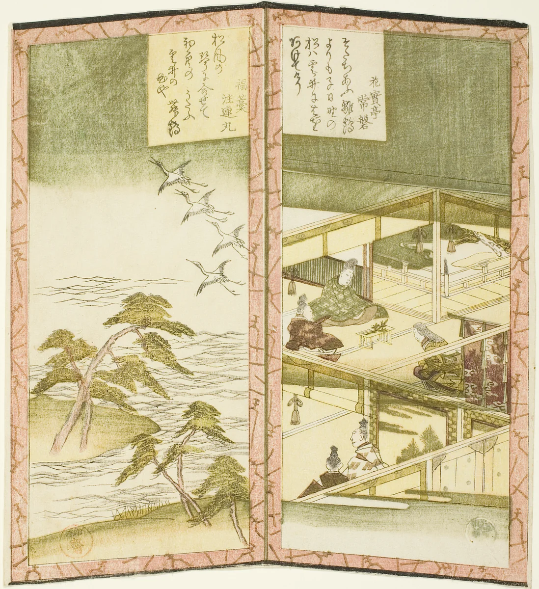 Palace interior and beach, from an untitled hexaptych depicting a pair of folding screens by Ryuryukyo Shinsai, print, 1820-1830