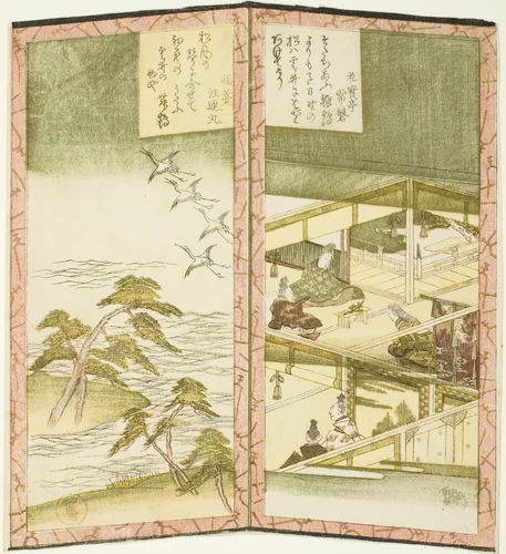 Palace interior and beach, from an untitled hexaptych depicting a pair of folding screens by Ryuryukyo Shinsai, print, 1820-1830