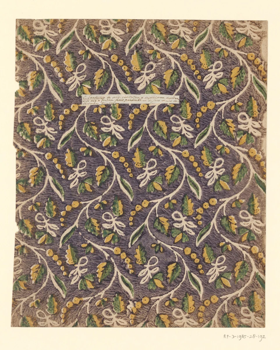 Blad met strooipatroon van takken met blaadjes tussen evenwijdige slingerende takken by anonymous, other, 1750-1900