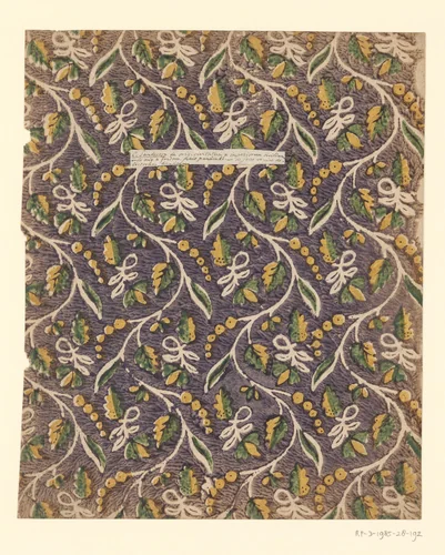 Blad met strooipatroon van takken met blaadjes tussen evenwijdige slingerende takken by anonymous, other, 1750-1900