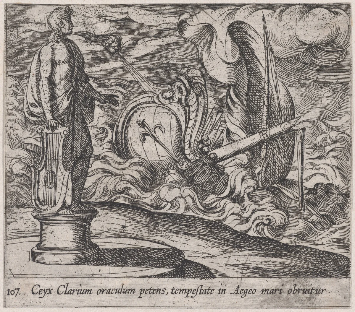 Plate 107: The Wreck of Ceyx's Ship (Ceyx Clarium oraculum petens, tempstate in Aegeo mari obruitur), from Ovid's 'Metamorphoses' by Antonio Tempesta, print, 1606