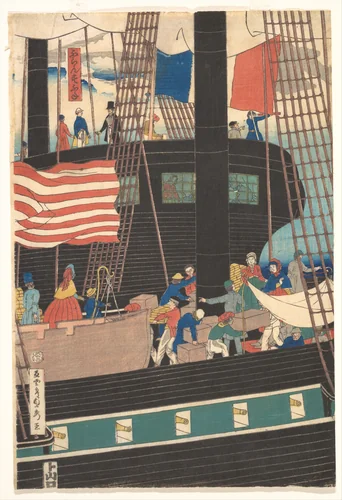 Yokohama Trade: Picture of Westerners Shipping Cargo by Utagawa Sadahide, print, 1861