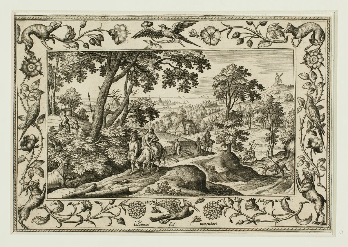 The Flight into Egypt, from Landscapes with Old and New Testament Scenes and Hunting Scenes by Adriaen Collaert, print, 1584