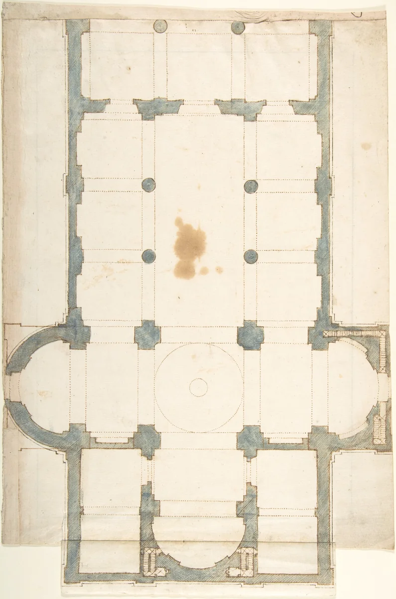 Plan for a Church with a Nave (recto); Framing Outlines (verso) by anonymous, drawing, 1500-1600