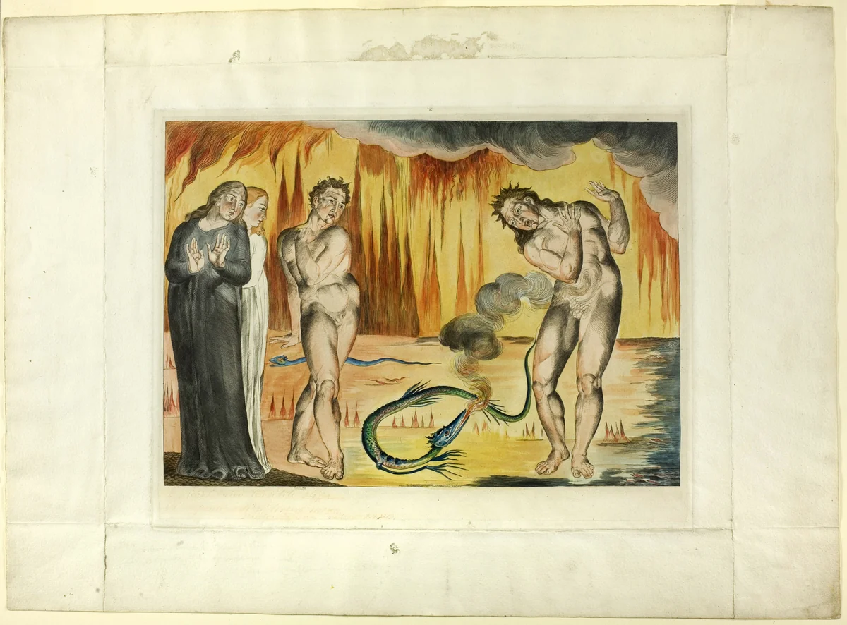 The Circle of the Thieves; Buoso Donati Attacked by the Serpent. Inferno, canto XXV by William Blake, print, 1827