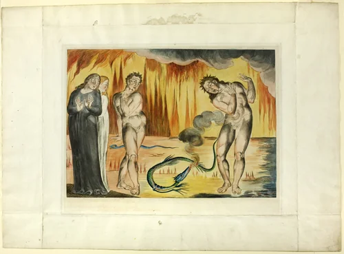 The Circle of the Thieves; Buoso Donati Attacked by the Serpent. Inferno, canto XXV by William Blake, print, 1827