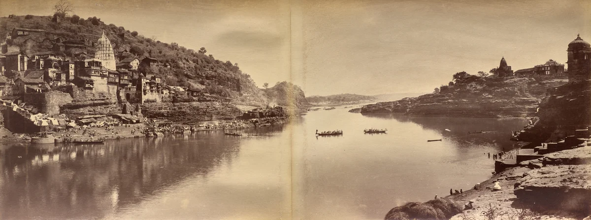 Two-Part Panorama with View of the Narmada River at Omkareshwar by Raja Deen Dayal, photograph, 1882