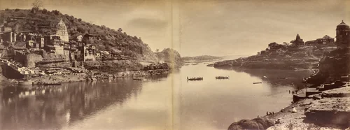 Two-Part Panorama with View of the Narmada River at Omkareshwar by Raja Deen Dayal, photograph, 1882