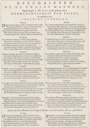 Gedichten van Joost van den Vondel op de schilderijen van de twaalf maanden, de dag en de nacht van Sandrart by Joost van den Vondel, print, 1643-1645