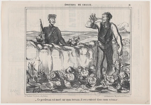 Ce perdreau est mort sur mon terrain..., from "Émotions de Chasse" by Honoré Daumier, print, 1857