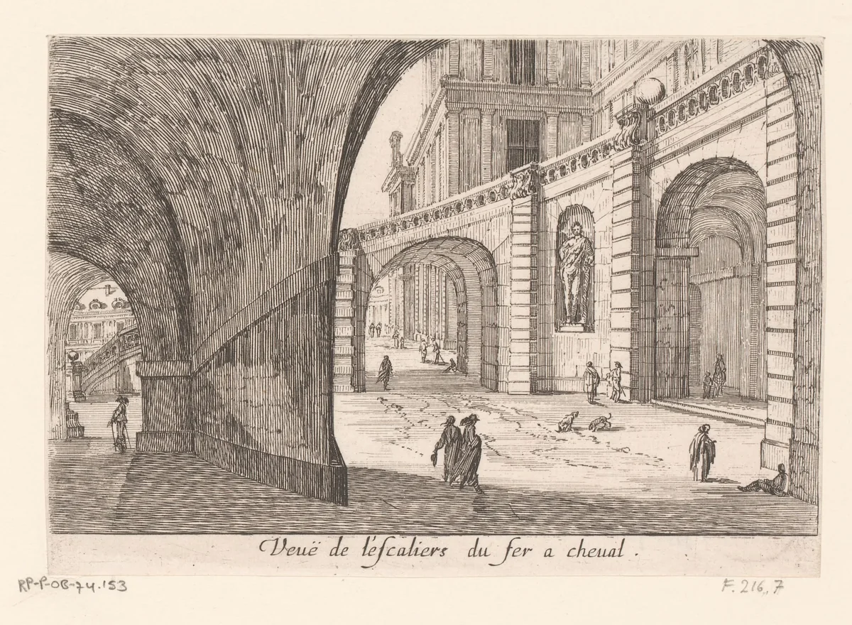 Gezicht van onder de hoefijzertrap van kasteel Fontainebleau by Israël Silvestre, print, 1631-1691