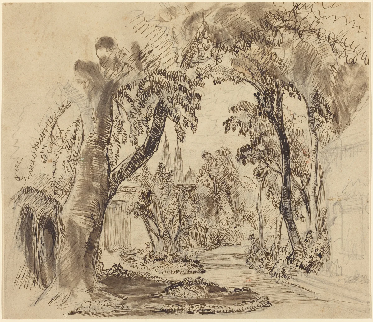 A Tree-lined Garden Path (Preliminary Sketch for "Sleeping Beauty and the Beast"?) by Robert Caney, drawing, 1900